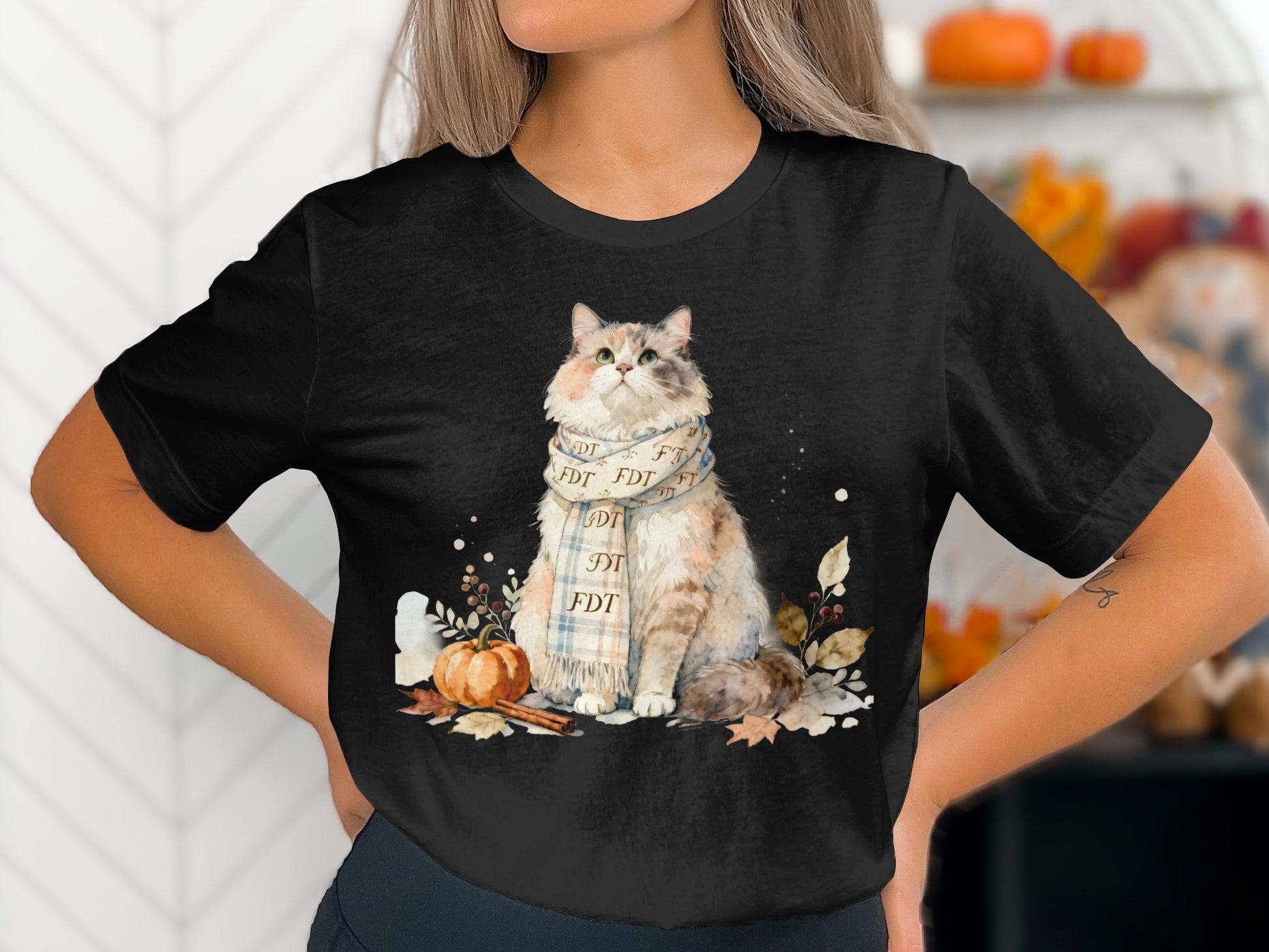 Cozy Autumn Cat T-Shirt with Seasonal Decorations