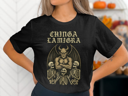 Chinga La Migra Gothic Shirt with Devil and Skeletons product