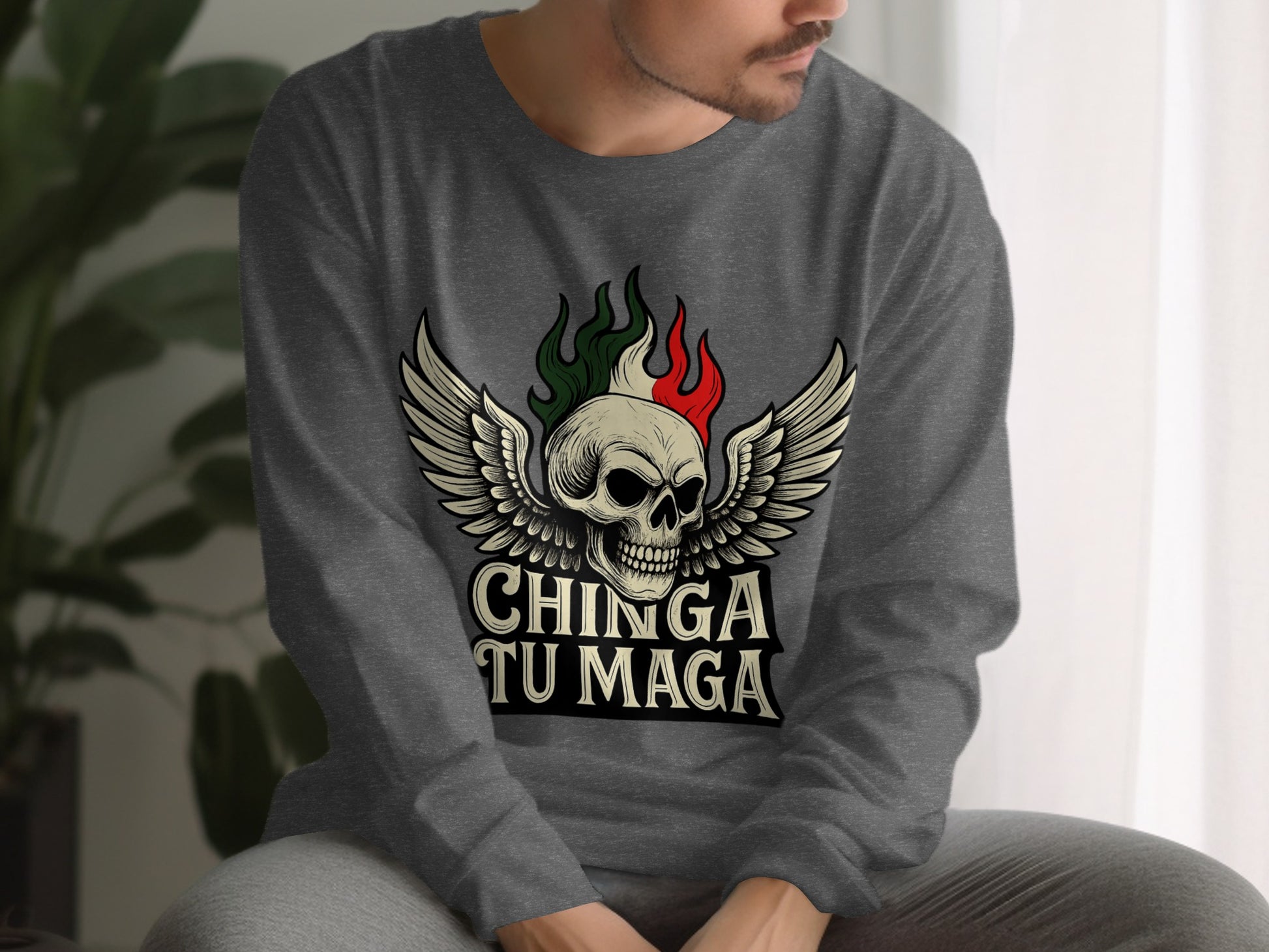 Chinga Tu Maga Skull Wings Graphic Long Sleeve Shirt
