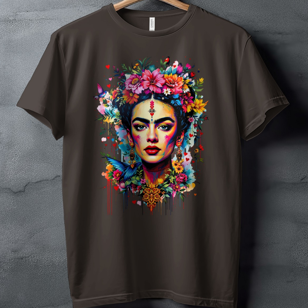 Colorful woman floral portrait butterfly heart paint t-shirt product type