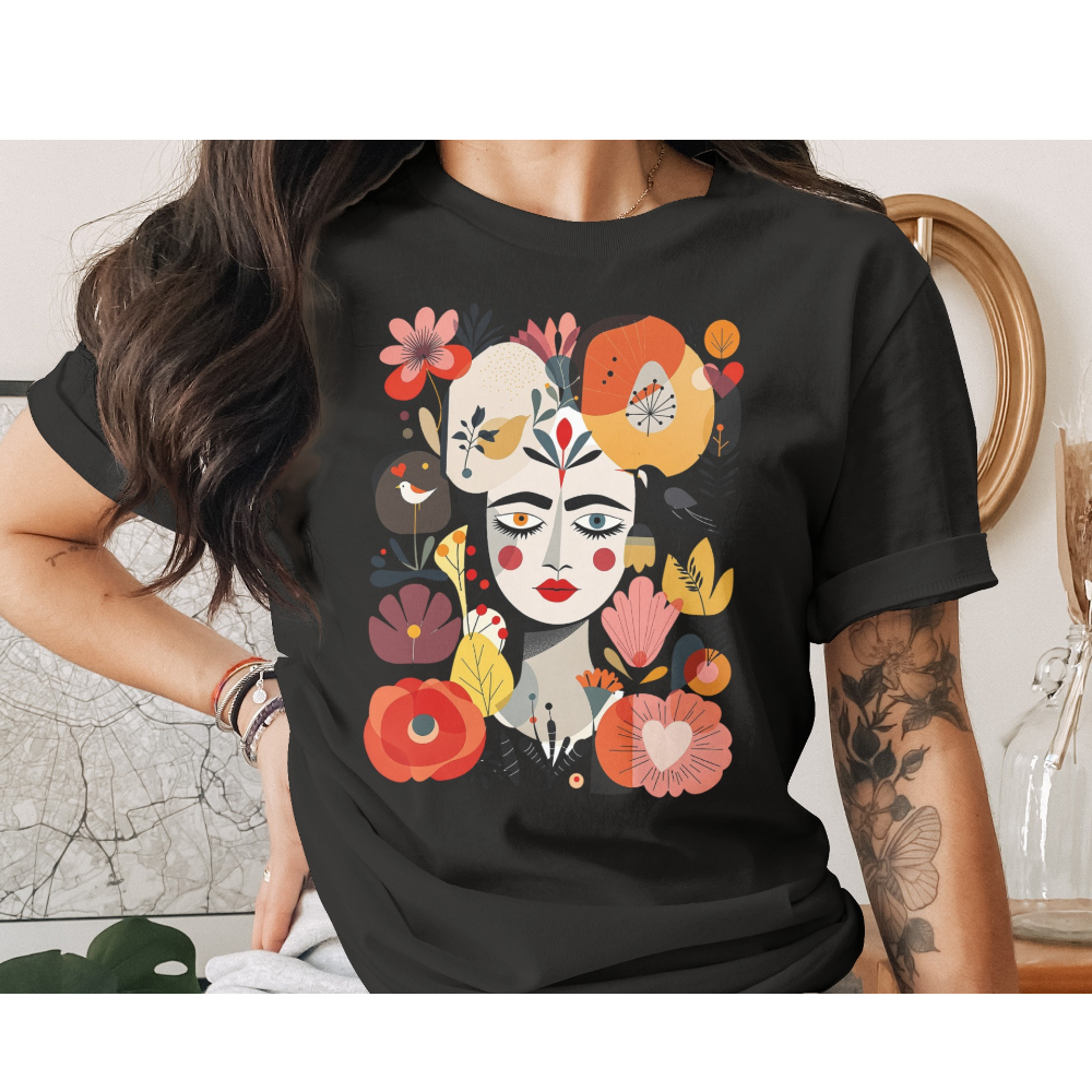 Colorful Floral Woman Face Design Black T-Shirt product type