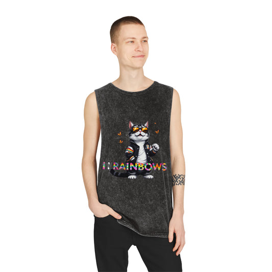 Unisex Stonewash Tank Top - Cute Cat with 'I Love Rainbows' Design