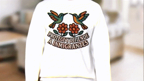 A person wearing a white sweatshirt with a graphic design on the back.