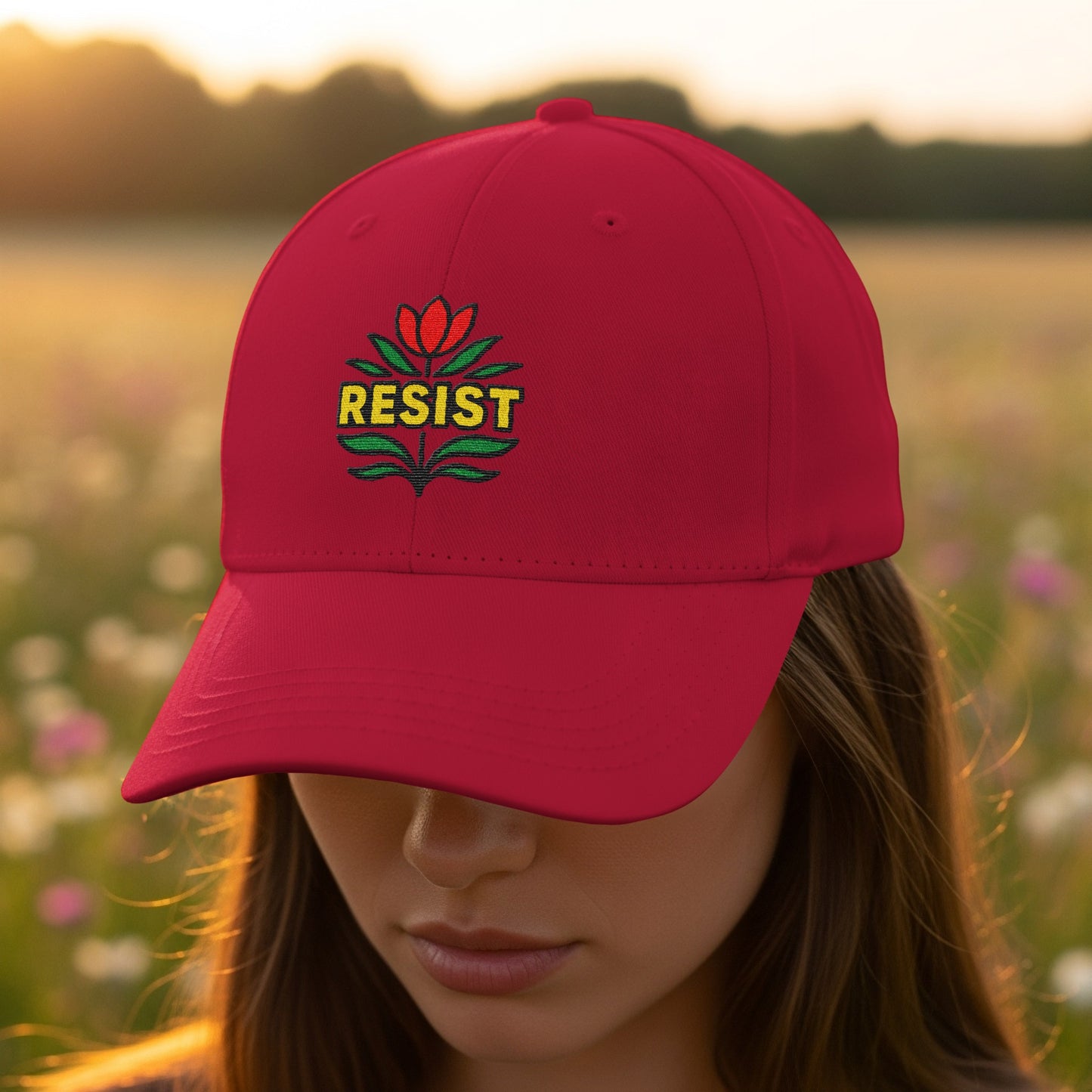 Resist Flower Embroidered Adjustable Red Cap product