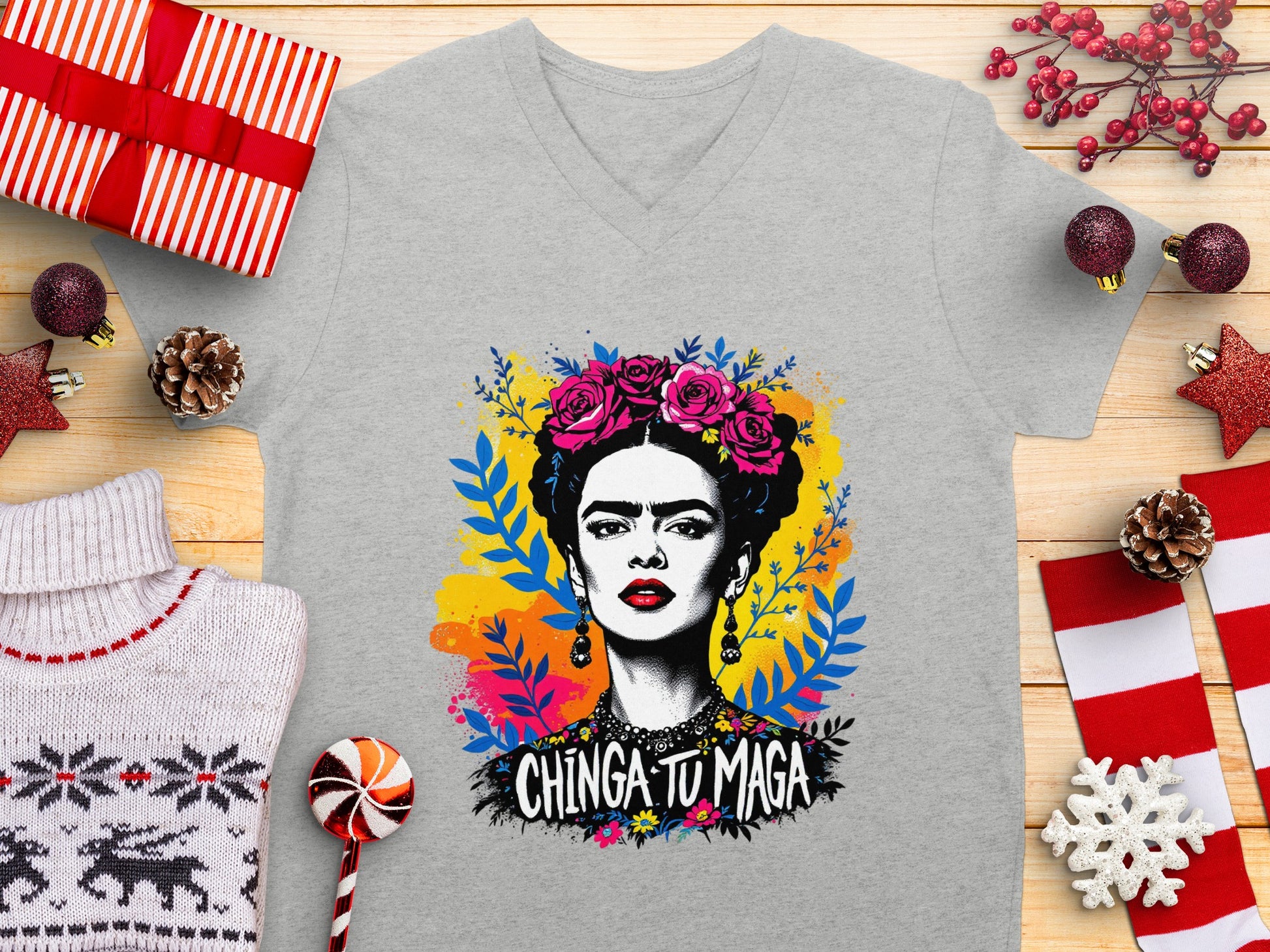 Chinga Tu Maga Graphic Print V-Neck T-Shirt