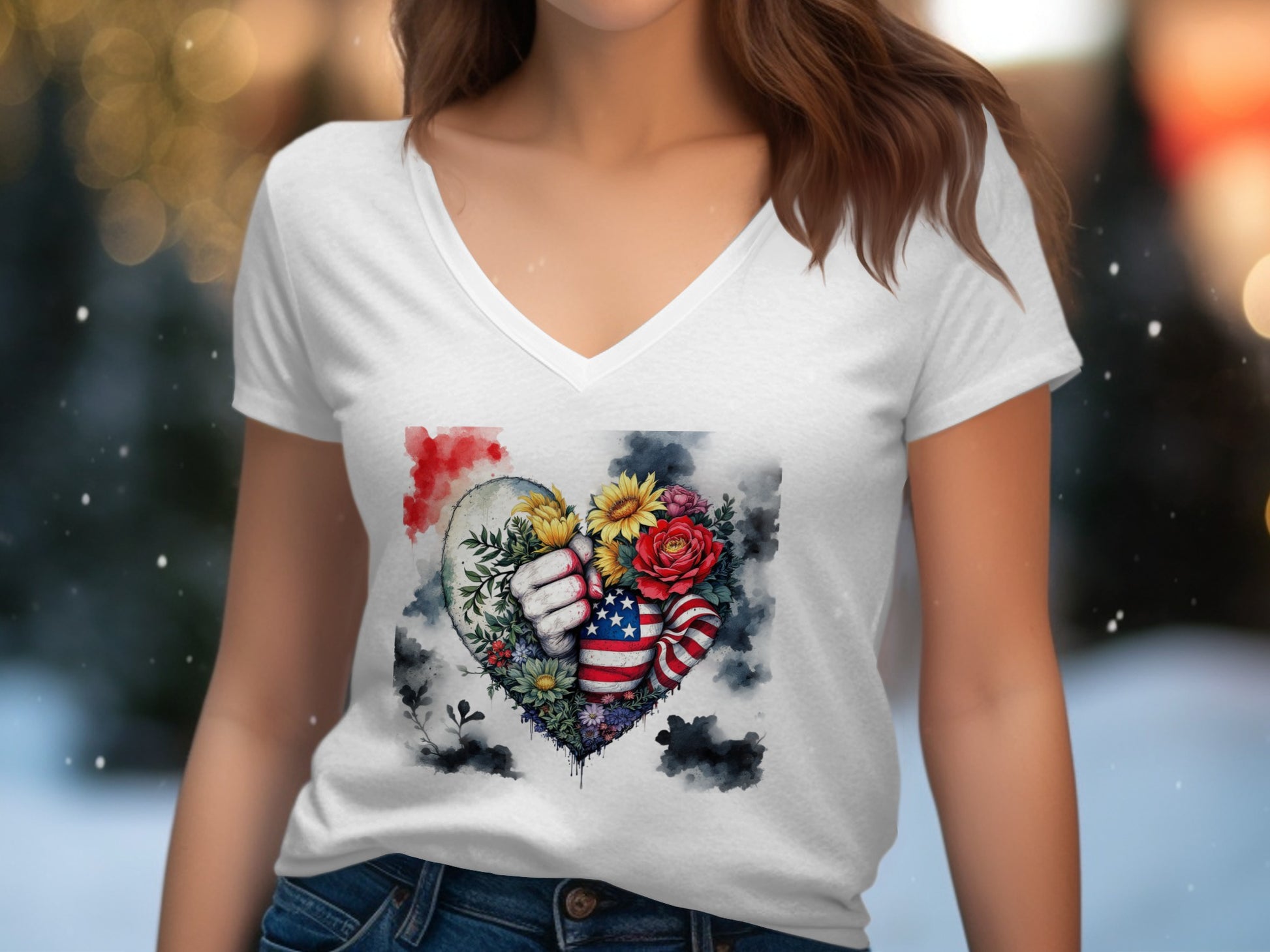 American Flag With Flowers Heart V-Neck T-shirt product