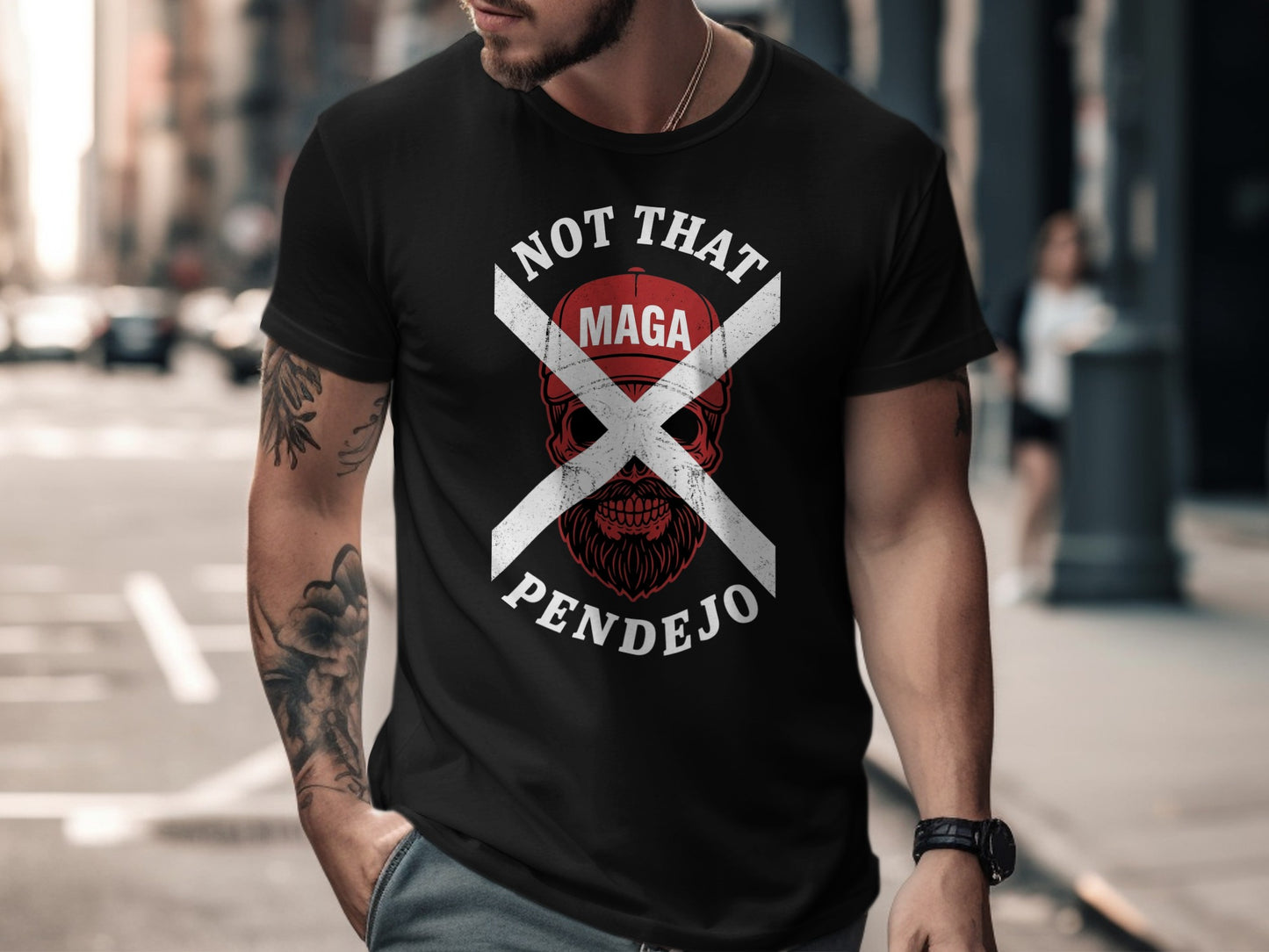 Black t-shirt with "NOT THAT MAGA PENDEJO" and skull graphic.