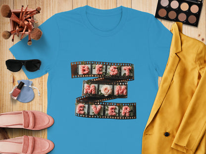 Floral Film Strip Design on Blue T-Shirt product