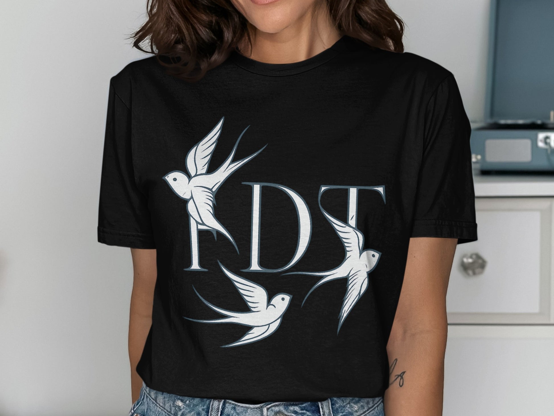 Stylish Black T Shirt with White Bird Graphics product