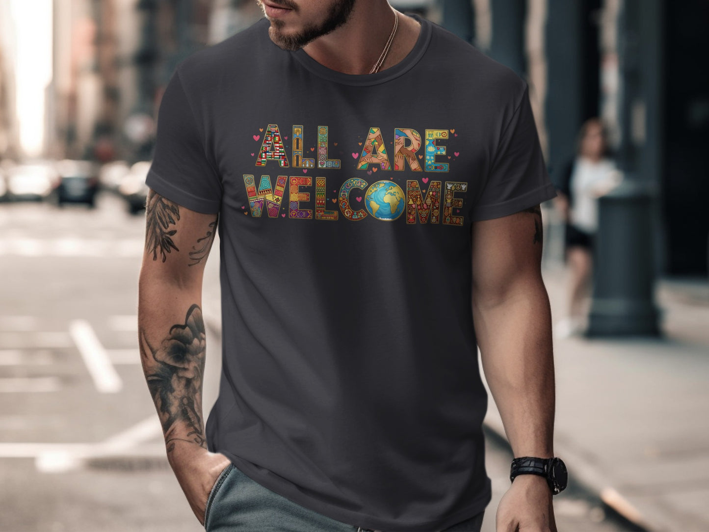 All Are Welcome Colorful Graphic T-Shirt