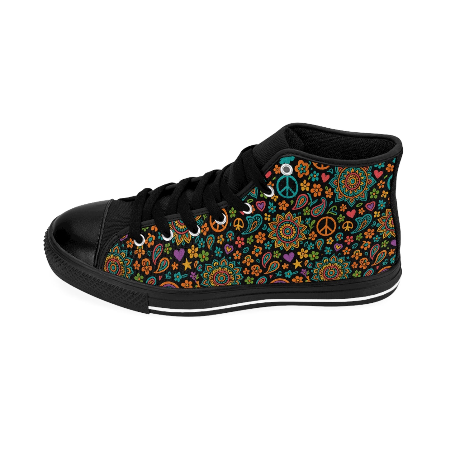 Boho Floral Sneakers | Stylish High-Top Shoes for Women, Peace and Love Design, Festival Footwear, Everyday Comfort, Unique Gift Ideas