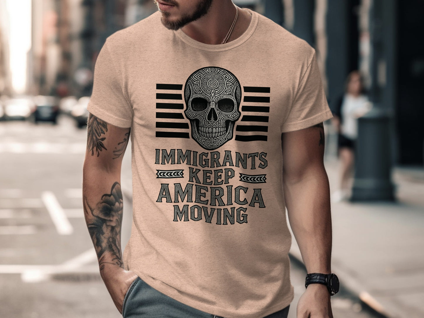 Immigrants Keep America Moving Skull Graphic Shirt