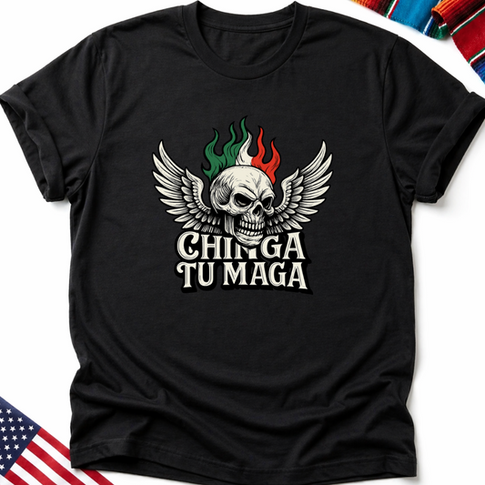 Black t-shirt with winged skull and "Chinga Tu Maga" text.