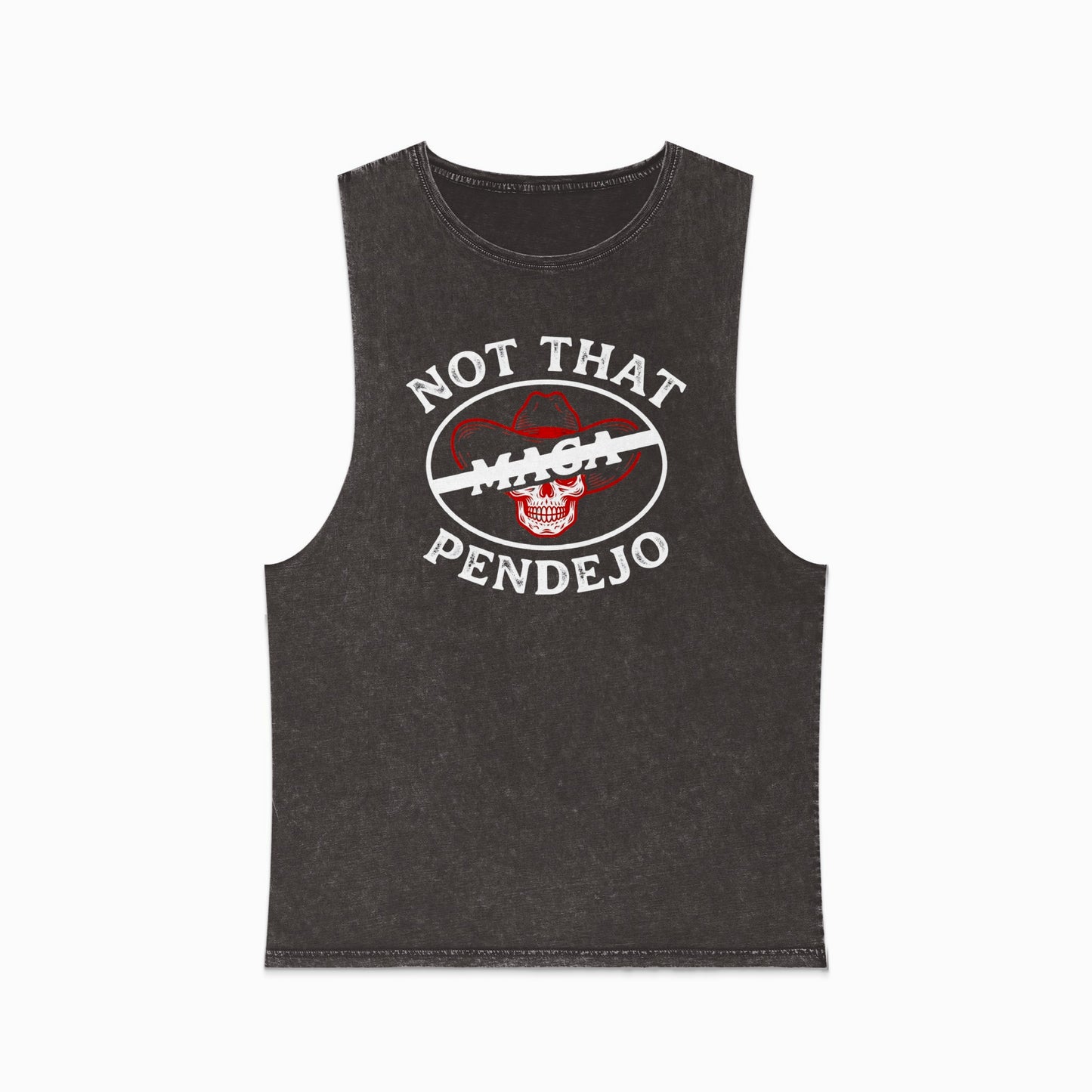 Black muscle t-shirt with white text and red skull graphic.