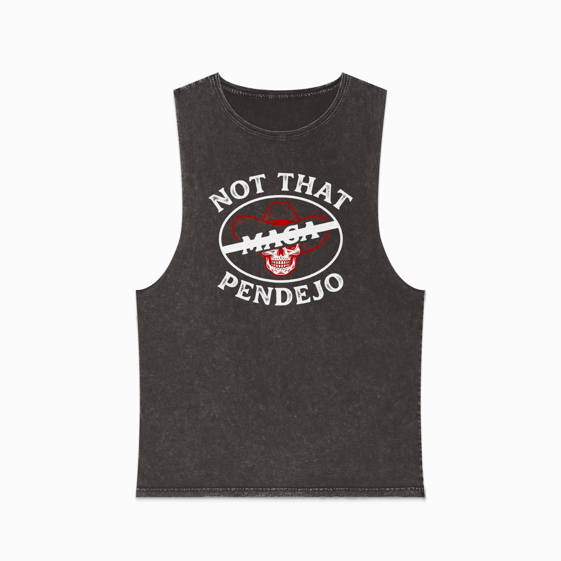 Black muscle t-shirt with white text and red skull graphic.