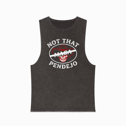 Black muscle t-shirt with white text and red skull graphic.