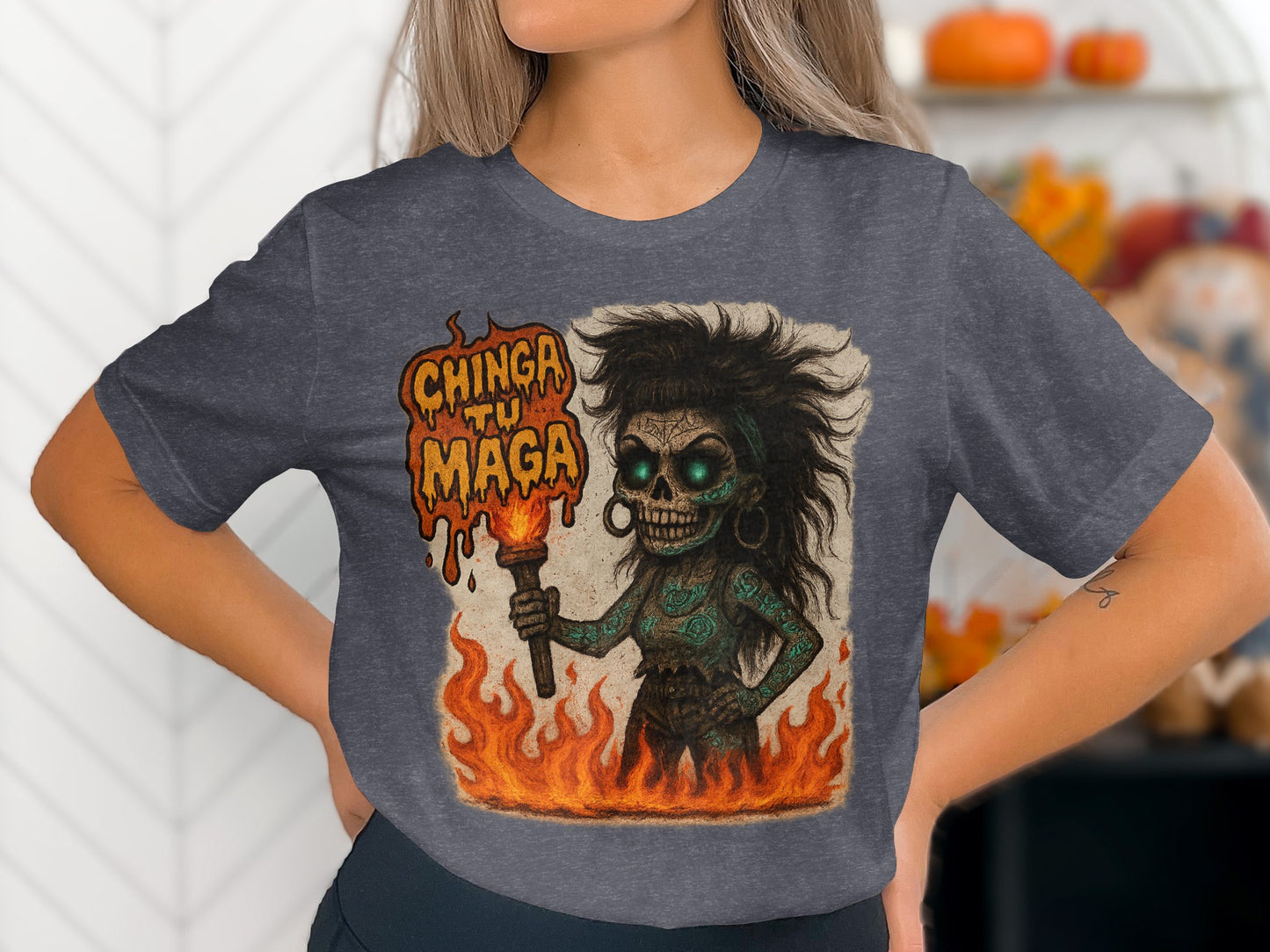 Chinga Tu Maga Skeleton in Flames Graphic Shirt product