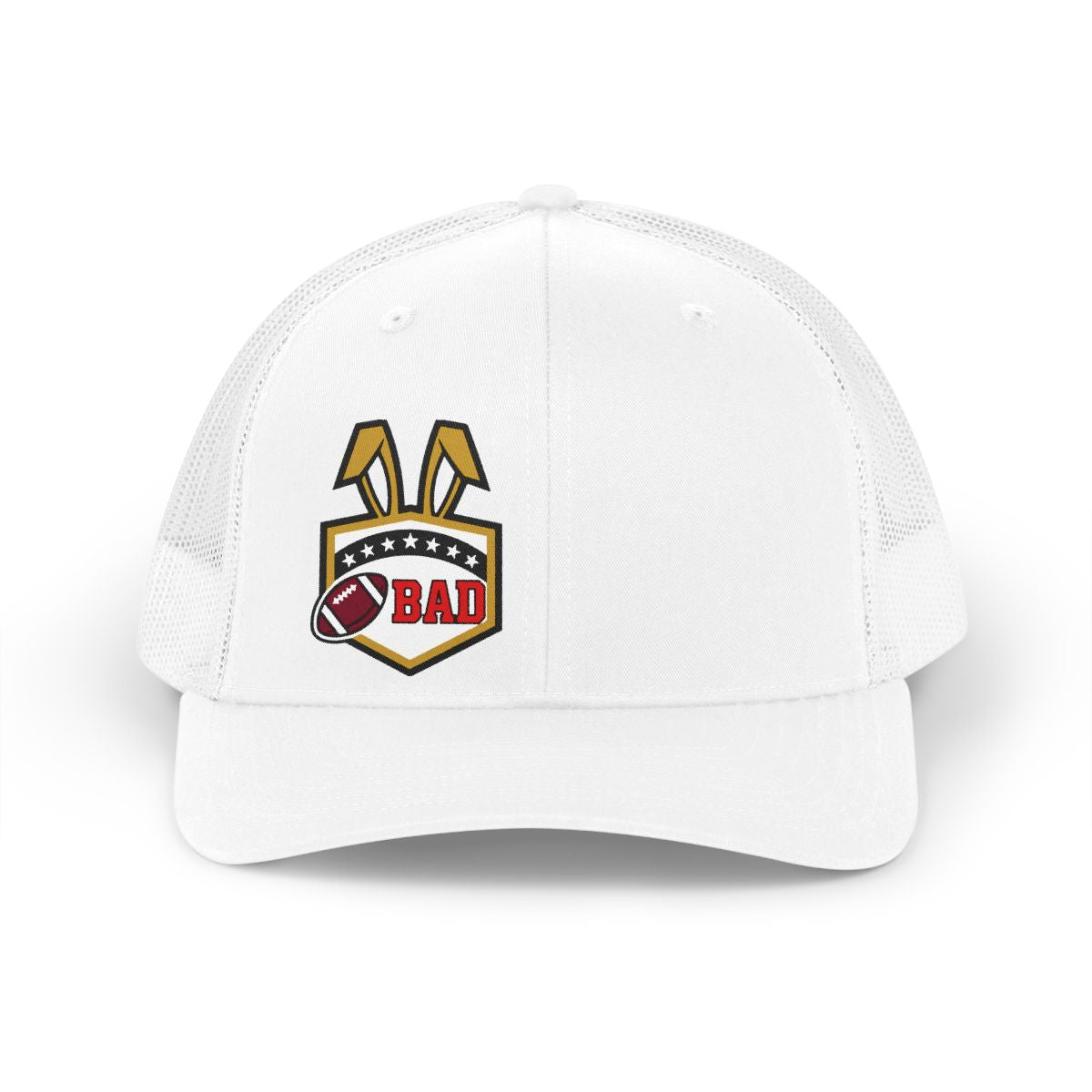 BAD Football Shield Design on White Mesh Cap