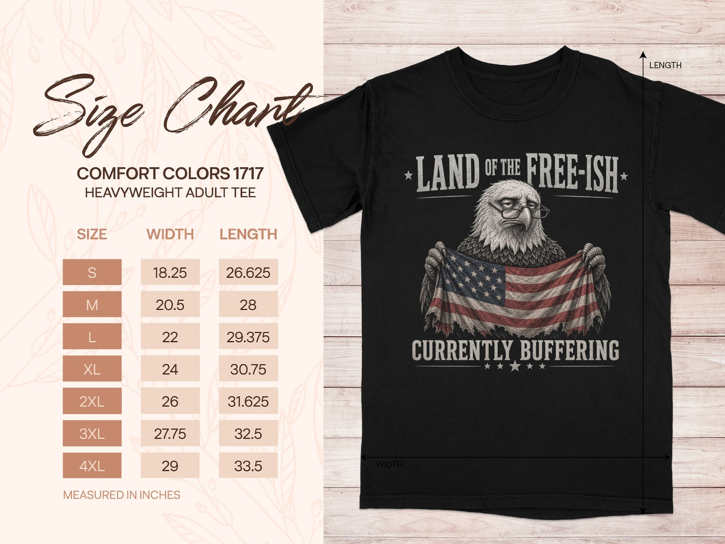Size chart for Comfort Colors 1717 heavyweight adult tee with eagle and flag.