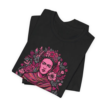 Black t-shirt with Frida Kahlo portrait and floral crown design.
