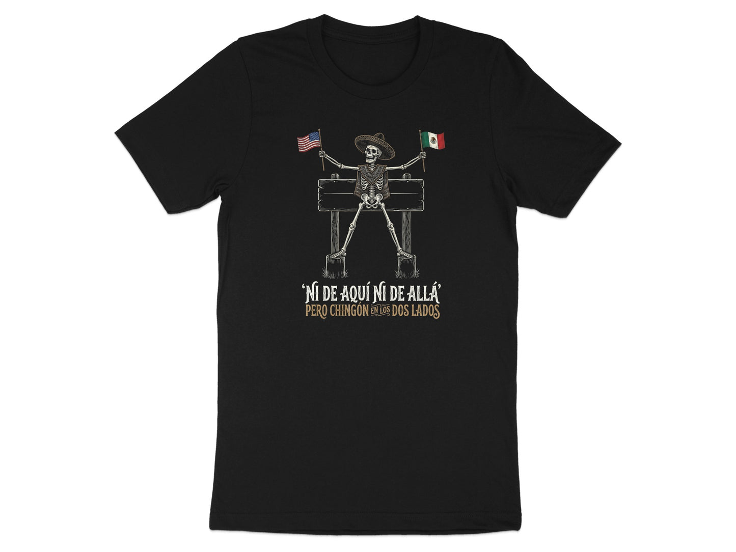 Skeleton wearing hats and holding flags with "Ni de aqui ni de alla" text.