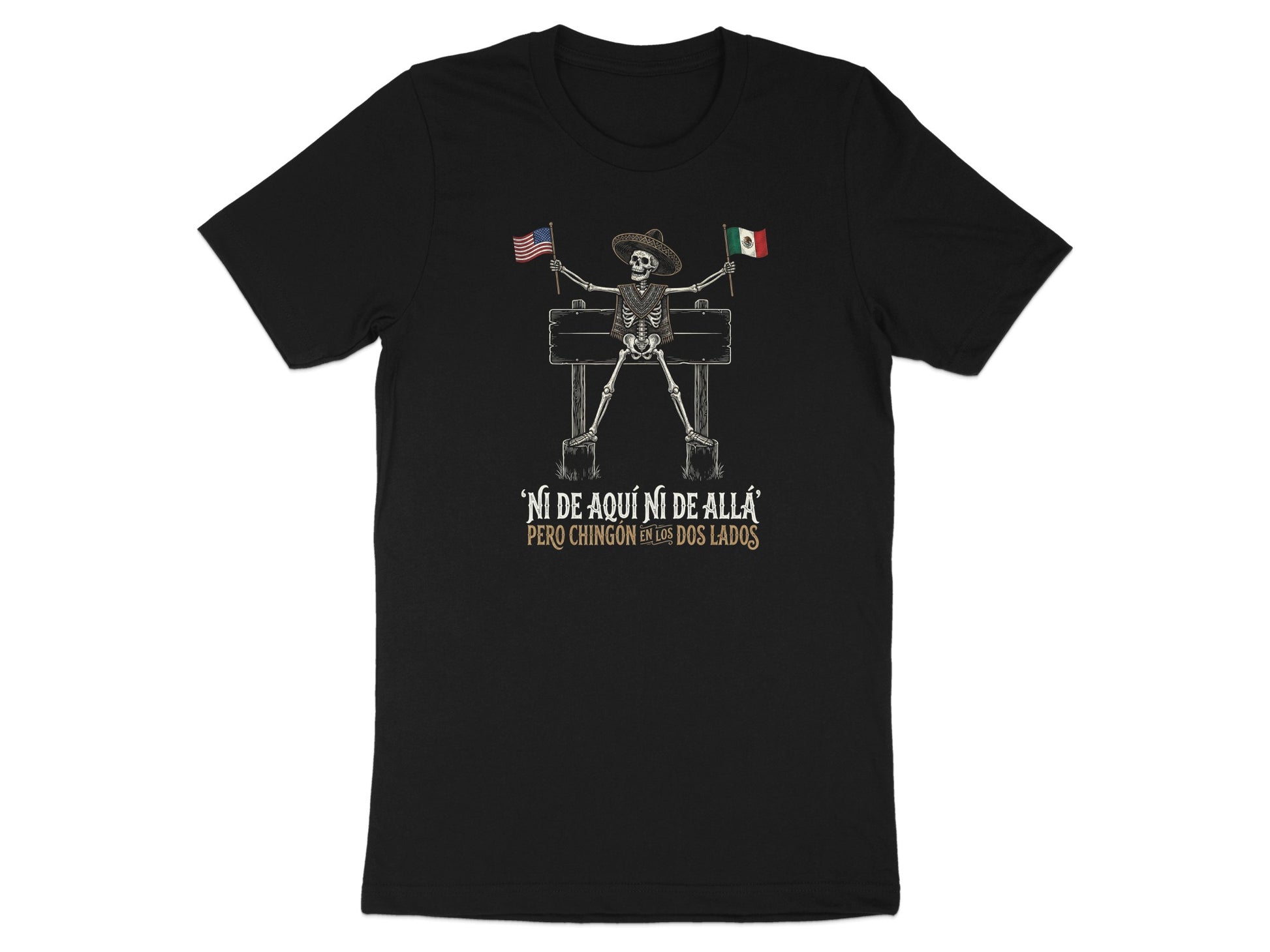 Skeleton wearing hats and holding flags with "Ni de aqui ni de alla" text.