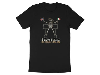 Skeleton wearing hats and holding flags with "Ni de aqui ni de alla" text.