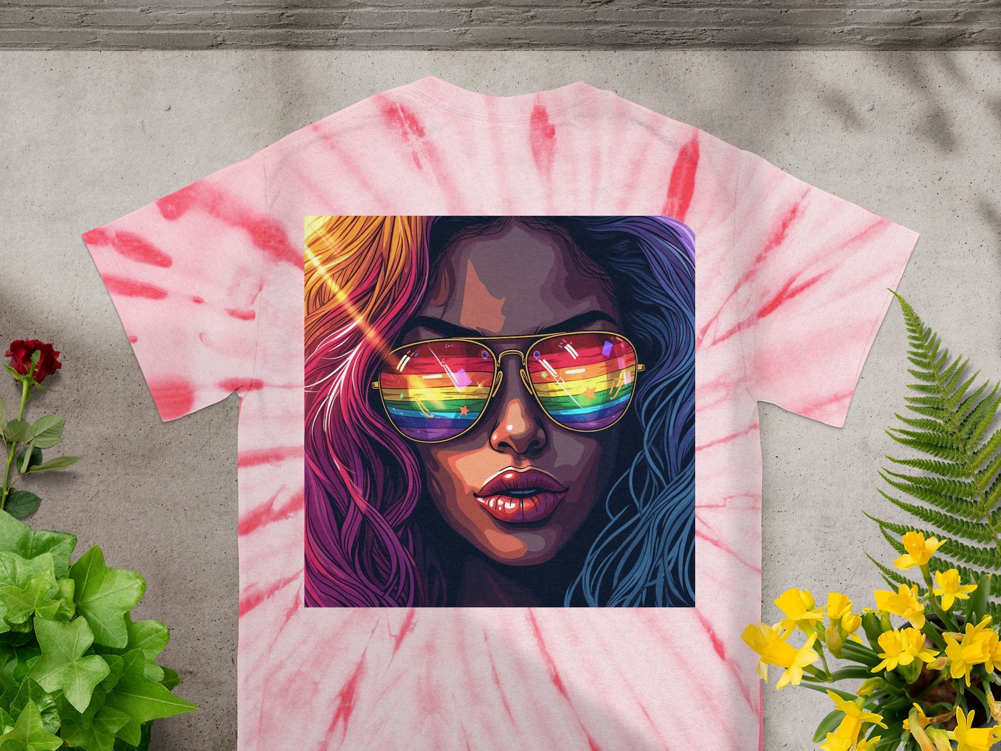 Vibrant Rainbow Sunglasses on Tie-Dye Design Shirt product