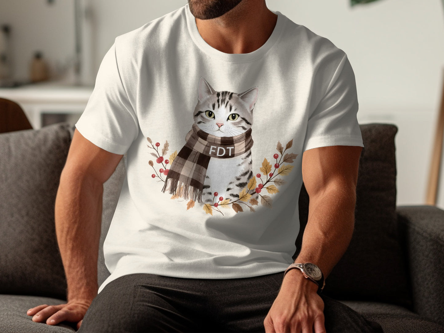 Cute Cat Wearing Scarf Graphic Design Shirt