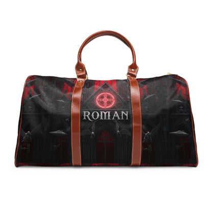 Gothic Waterproof Travel Bag — Personalized 'Roman' Duffel with Dark Cathedral Design