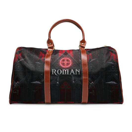 Gothic Waterproof Travel Bag — Personalized 'Roman' Duffel with Dark Cathedral Design