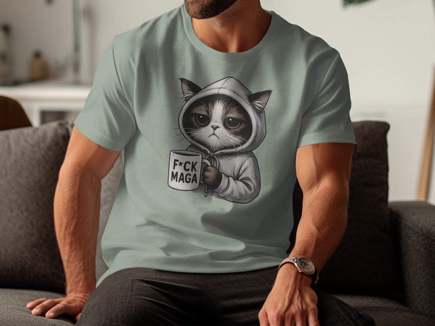 Grumpy Cat Holding Mug With Hoodie Graphic T-Shirt