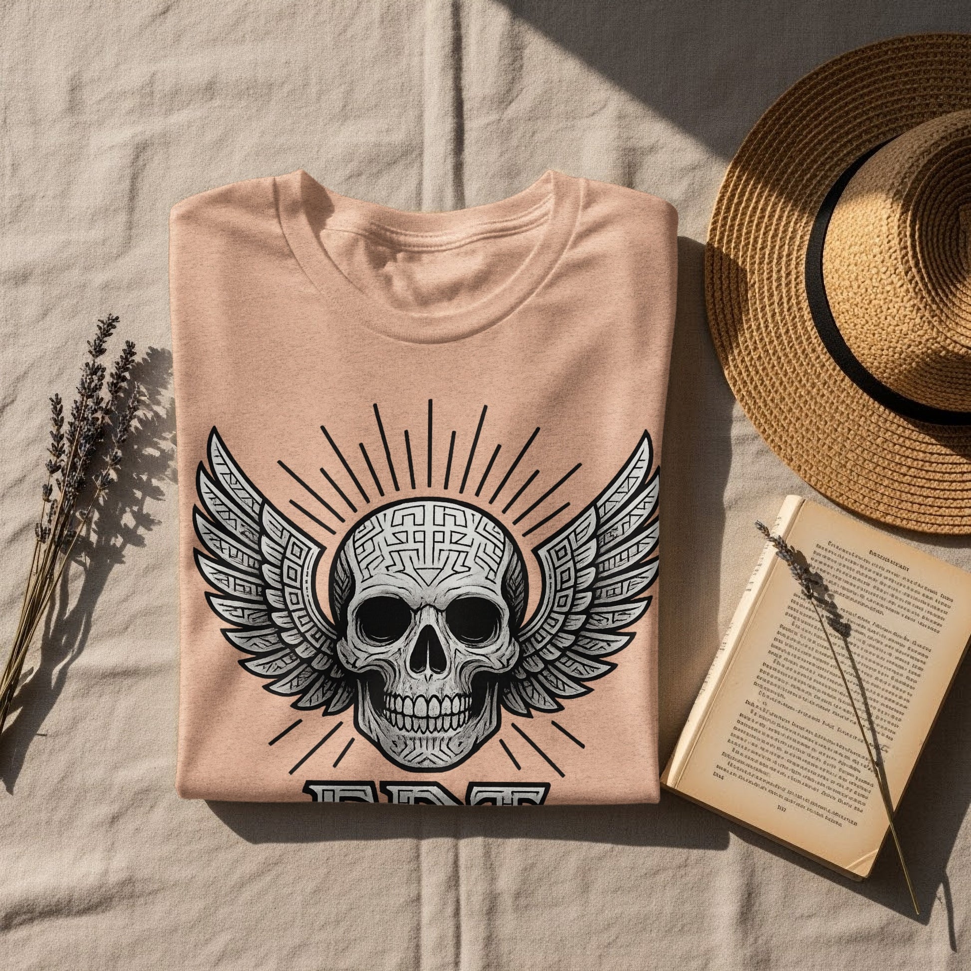 Winged Skull with Sun Rays Graphic T-shirt