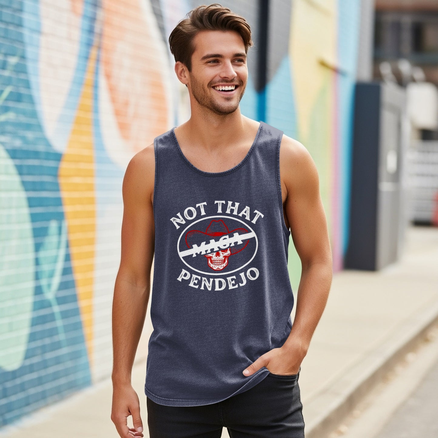 Navy blue tank top with "NOT THAT MAGA PENDEJO" text and skull graphic.