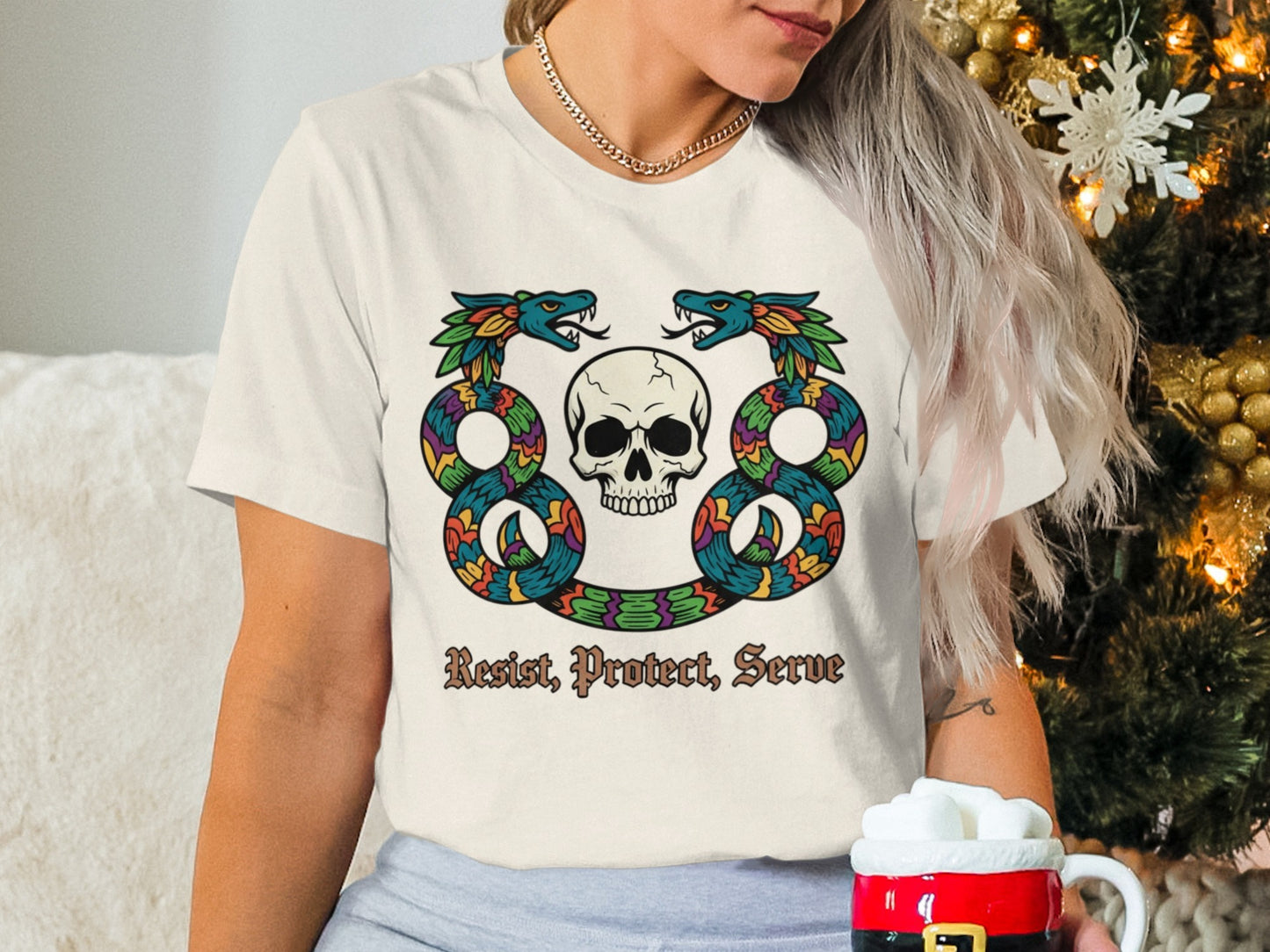 Resist Protect Serve Colorful Skull and Snake Shirt