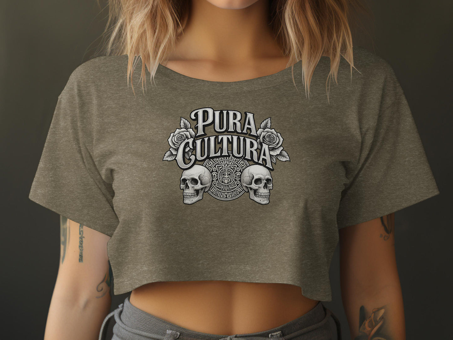 Pura Cultura Skull Design Stylish Grey Crop Top product type