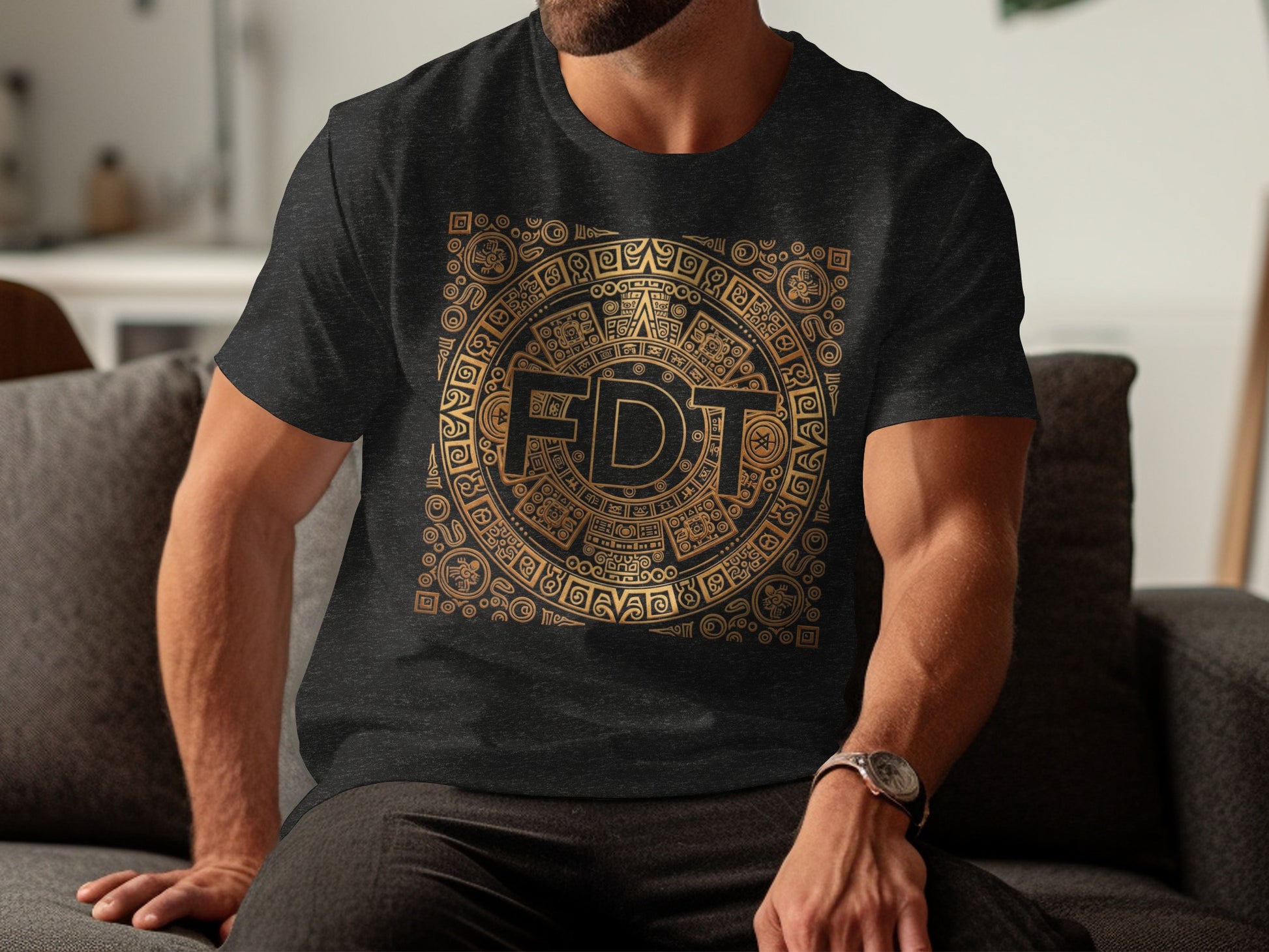 Aztec Inspired Gold Design Graphic Tee shirt Product