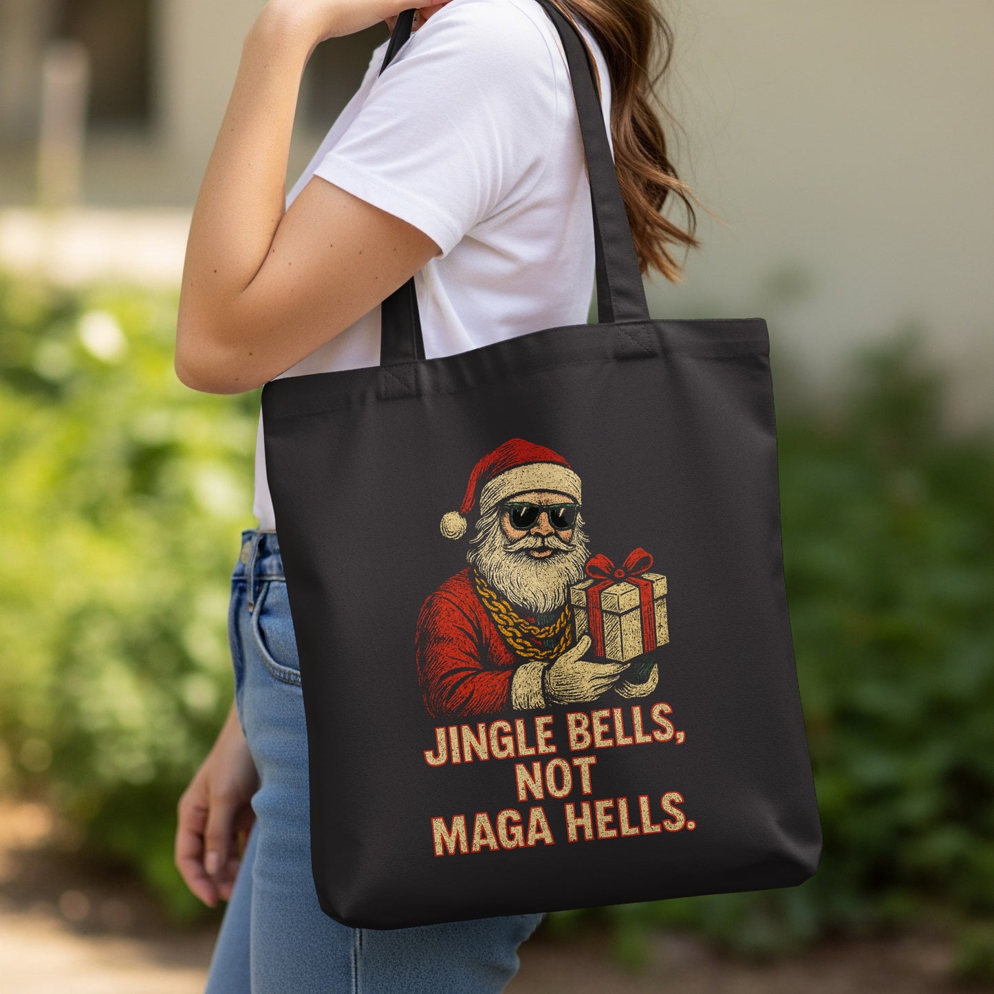 Jingle Bells Not Maga Hells Funny Tote Bag