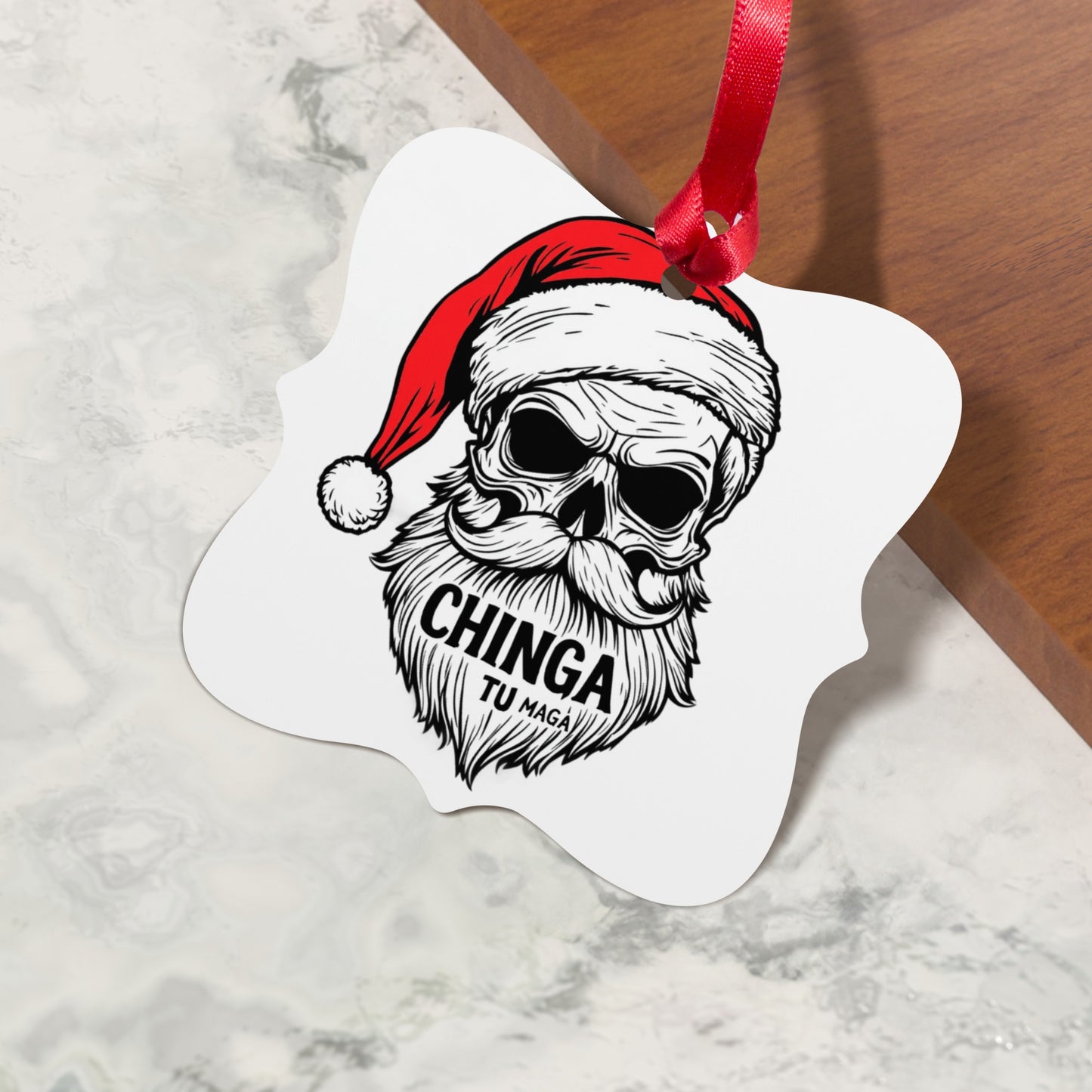 Chinga Tu Madre Skull with Santa Hat Christmas Ornament