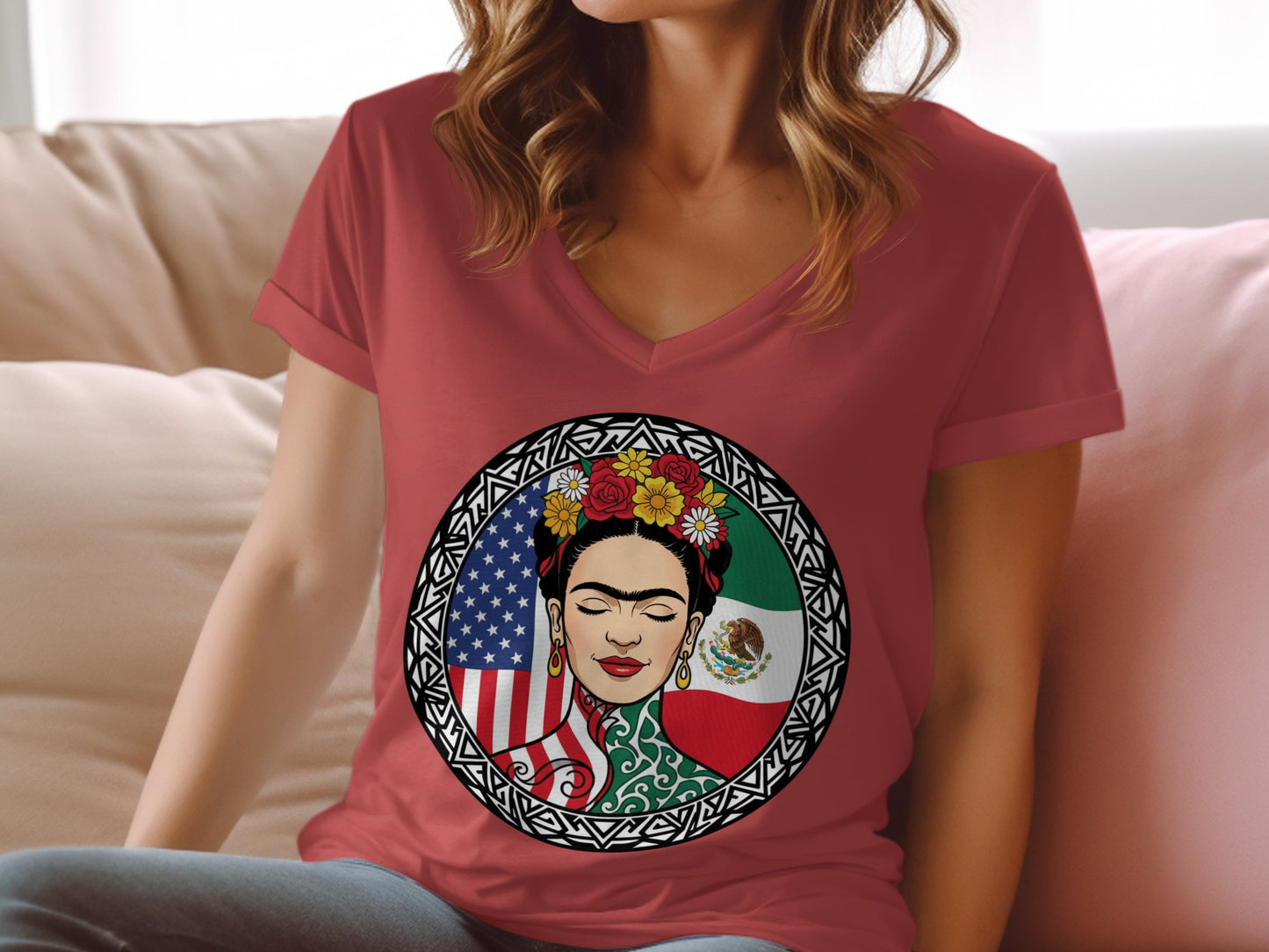 Patriotic Frida Kahlo Graphic Tee with Floral Accents