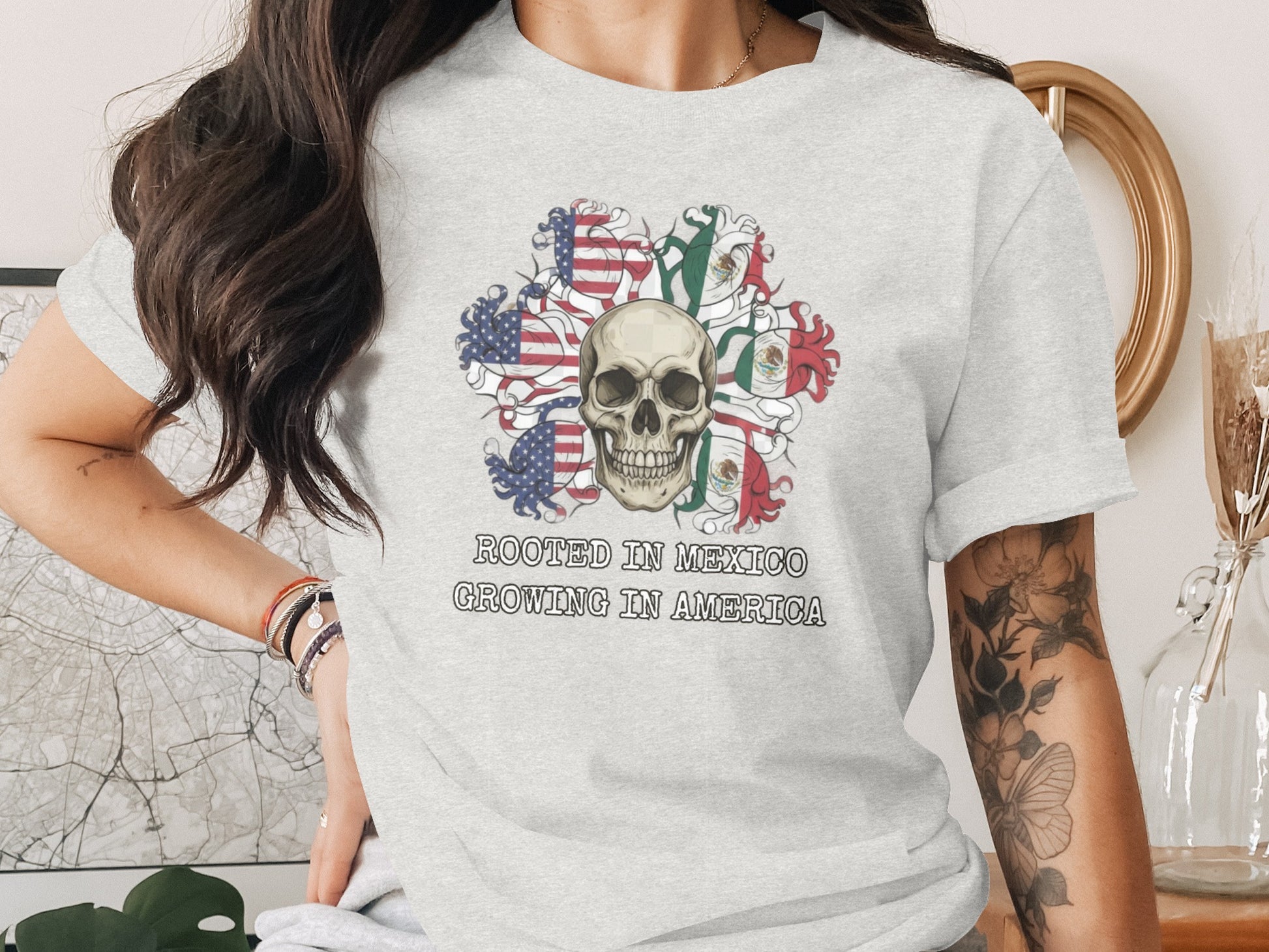 Rooted in Mexico Growing in America Skull T-shirt