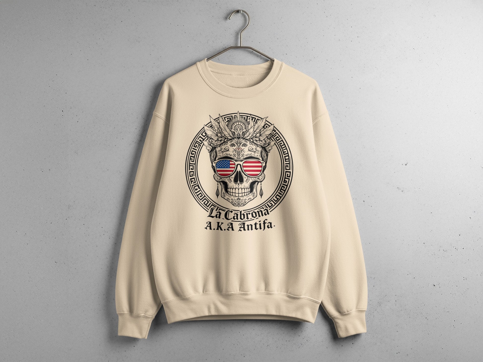Skull Graphic Beige Sweatshirt with American Flag Design
