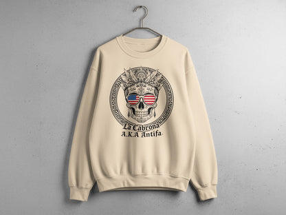 Skull Graphic Beige Sweatshirt with American Flag Design