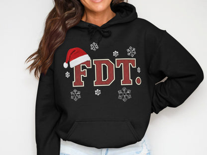 Festive FDT Hoodie with Santa Hat and Snowflakes Design