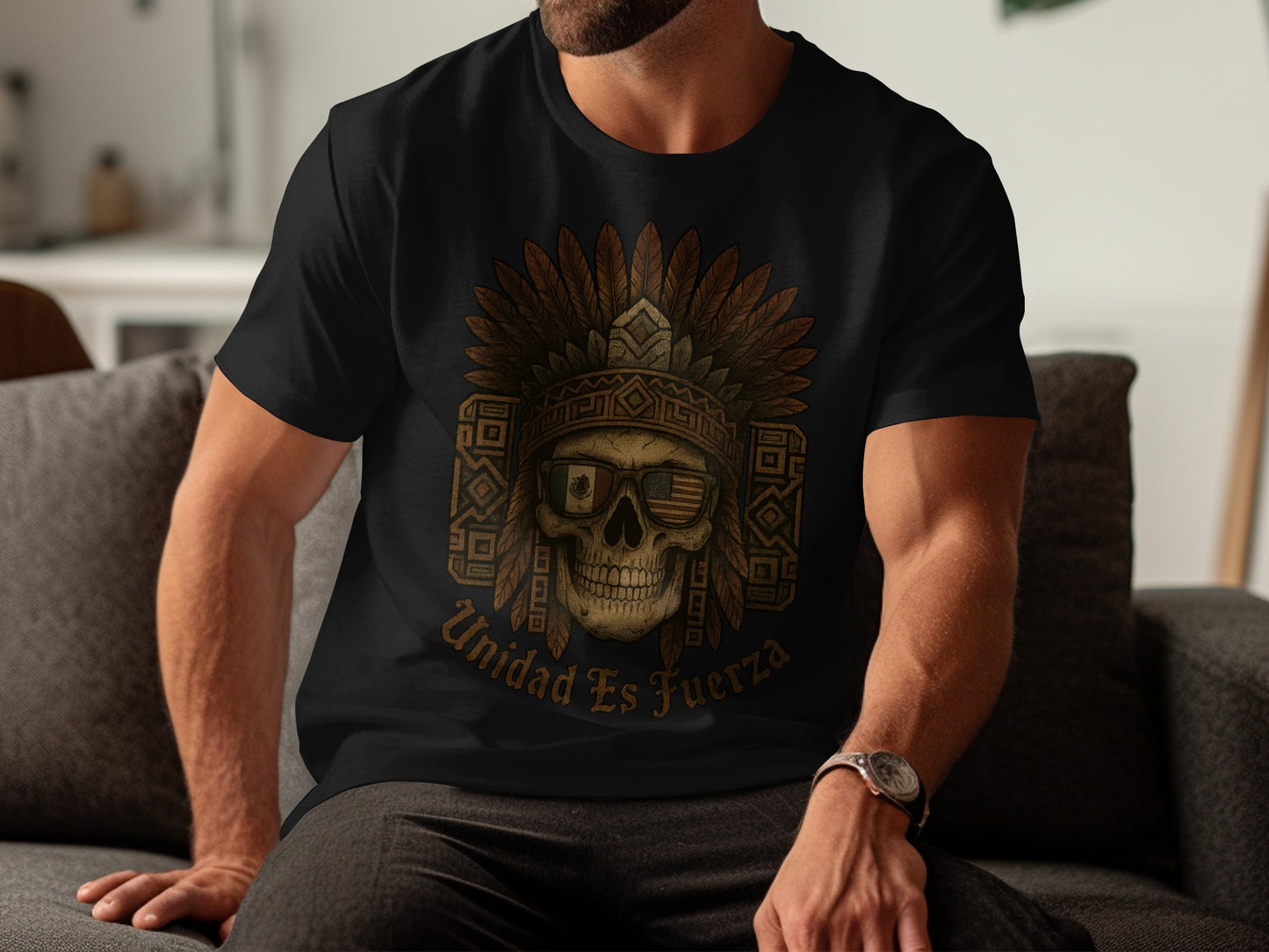 Unidad Es Fuerza Aztec Skull T-Shirt