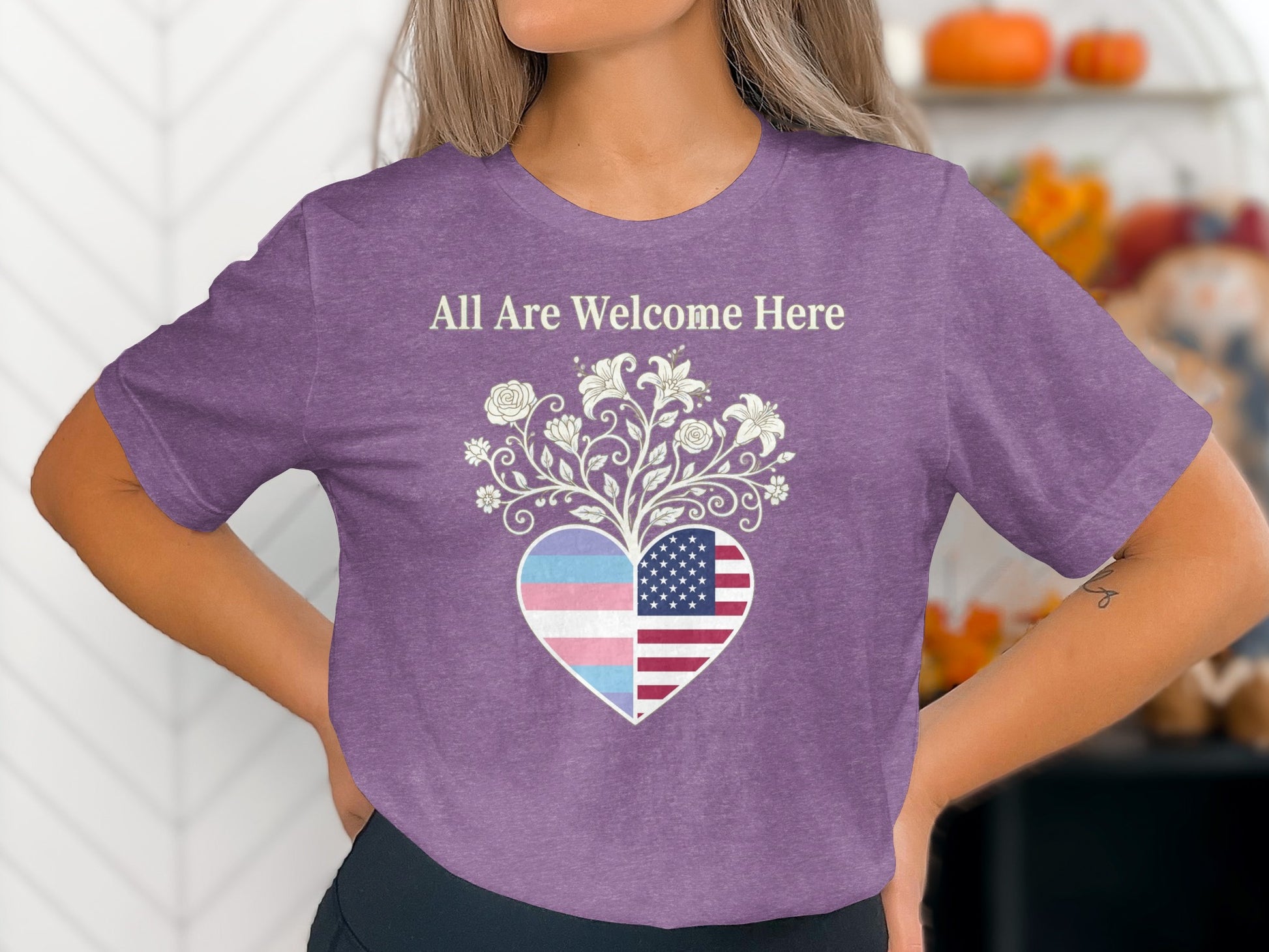 All Are Welcome Here Heart Flag Graphic Shirt product type