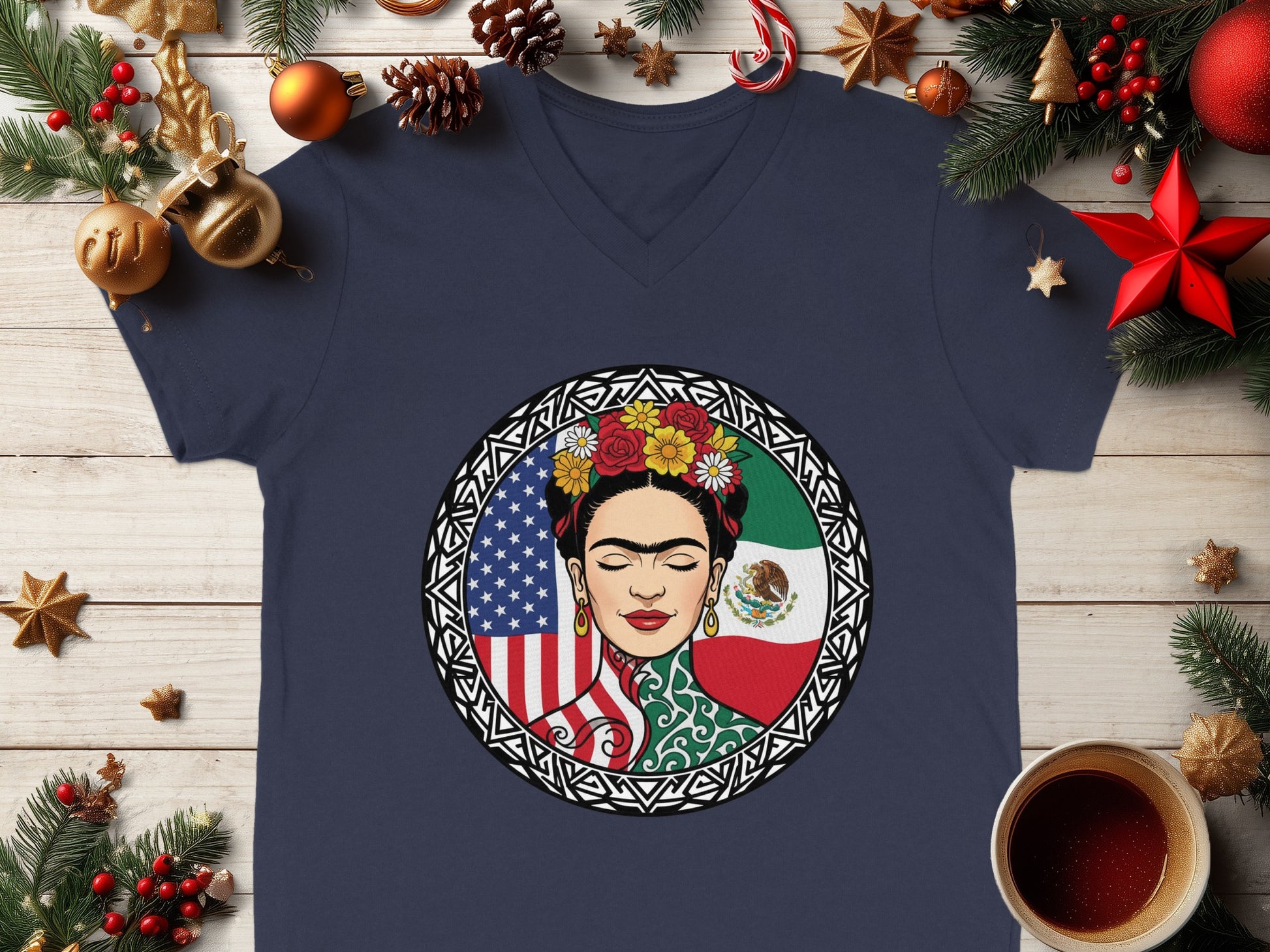 Frida Kahlo V-neck T-shirt with Flags Christmas Design