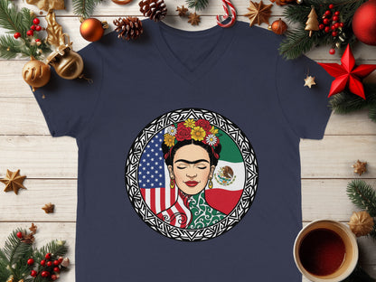 Frida Kahlo V-neck T-shirt with Flags Christmas Design