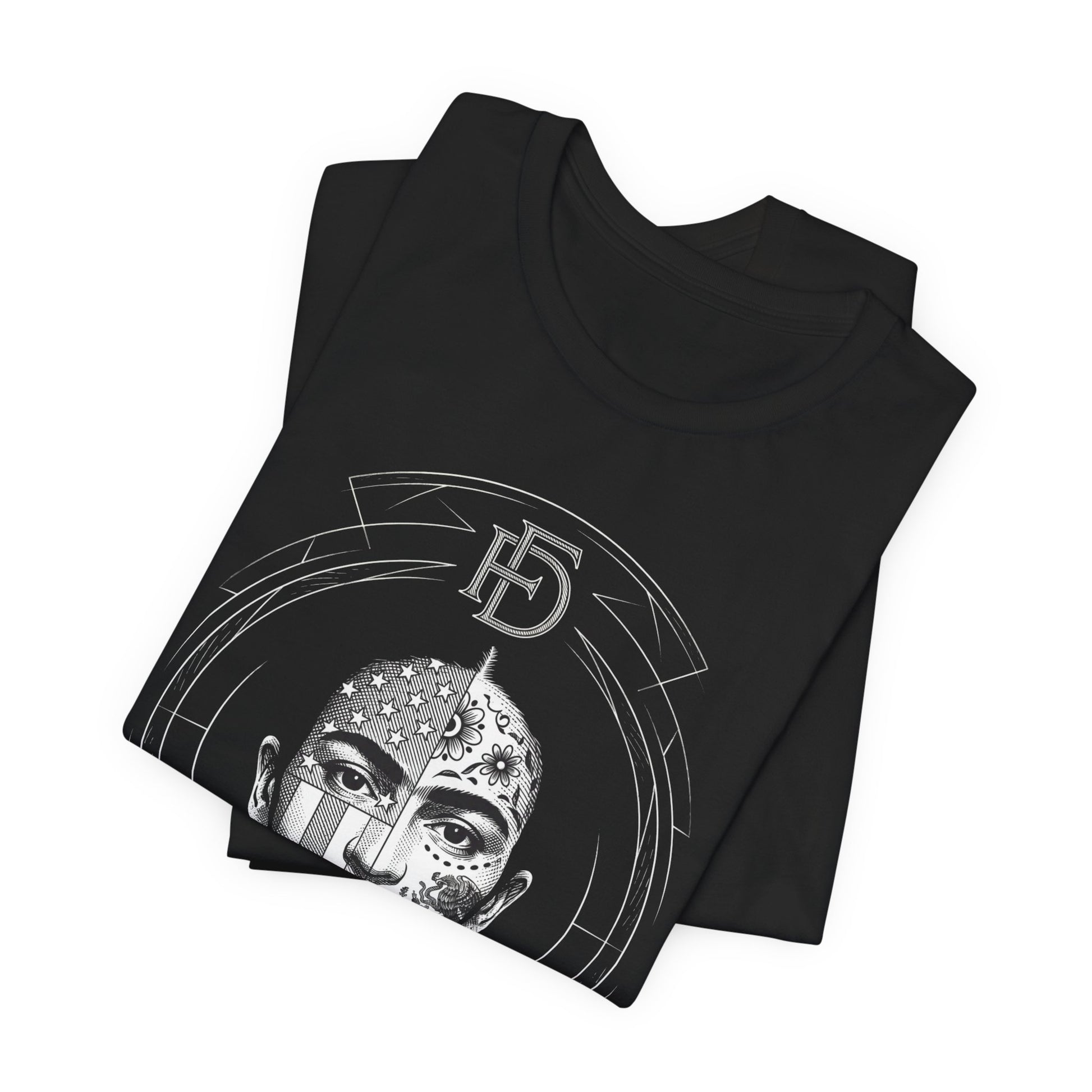 Black t-shirt with folded graphic of a woman's face with floral and flag designs.