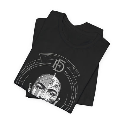 Black t-shirt with folded graphic of a woman's face with floral and flag designs.